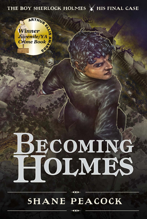 Cover of The Boy Sherlock Holmes: Becoming Holmes. Sherlock looks back over his shoulder as he stands on a wall, with a graveyard in front of him